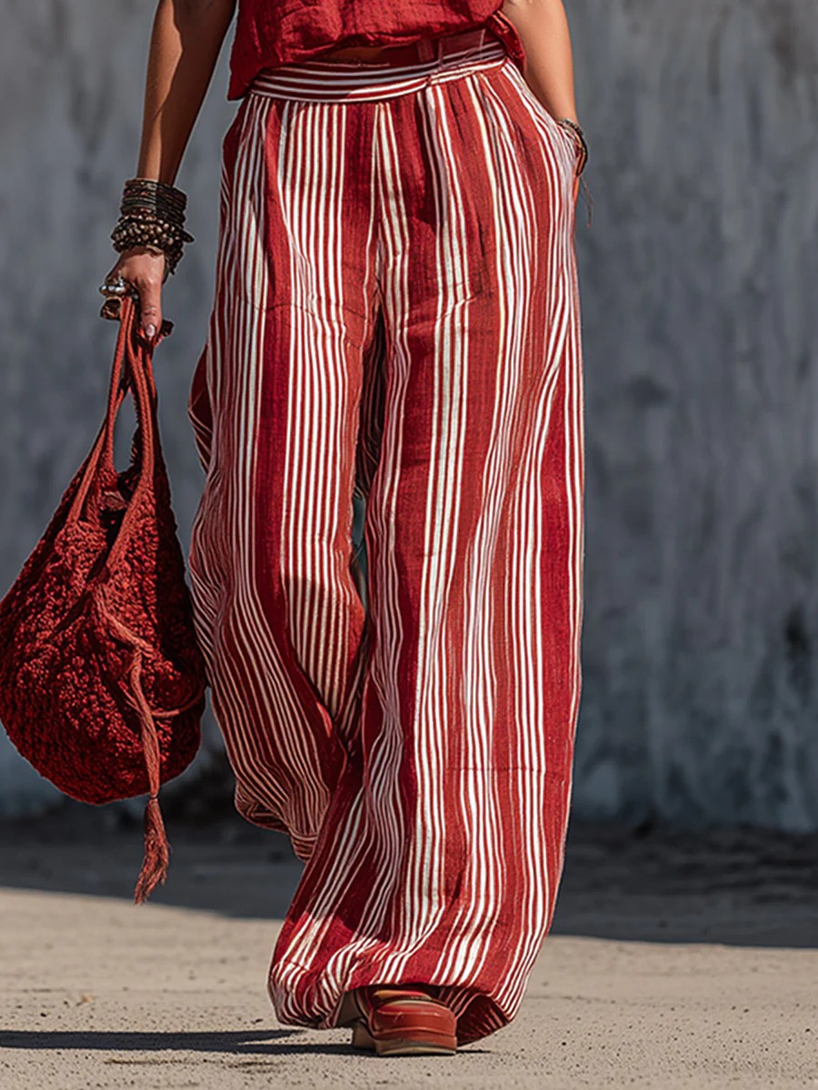 Vintage-style Elegant Red Tank Top And Striped Wide-leg Trousers Cotton-linen Set