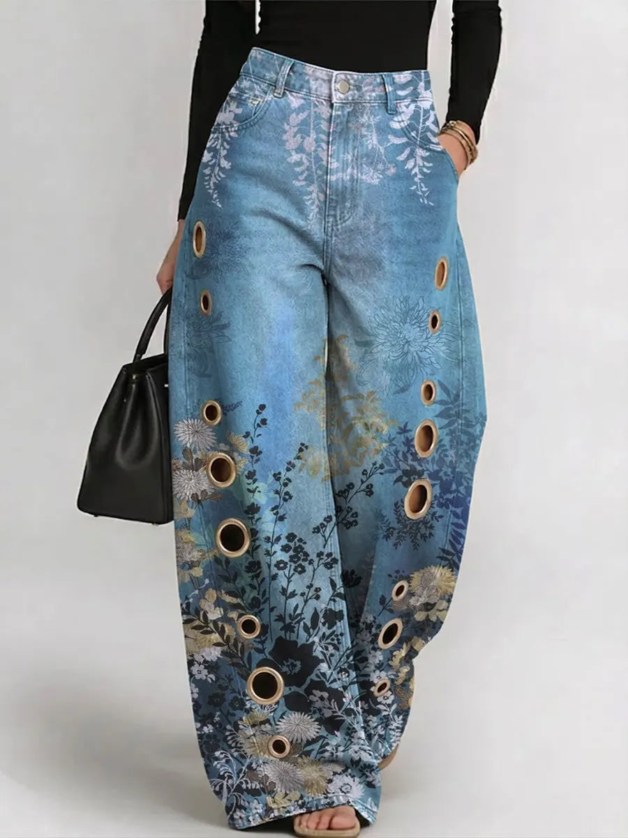 Women's Vintage Gradient Art Flowers Print Casual Fashion Cutout Jeans