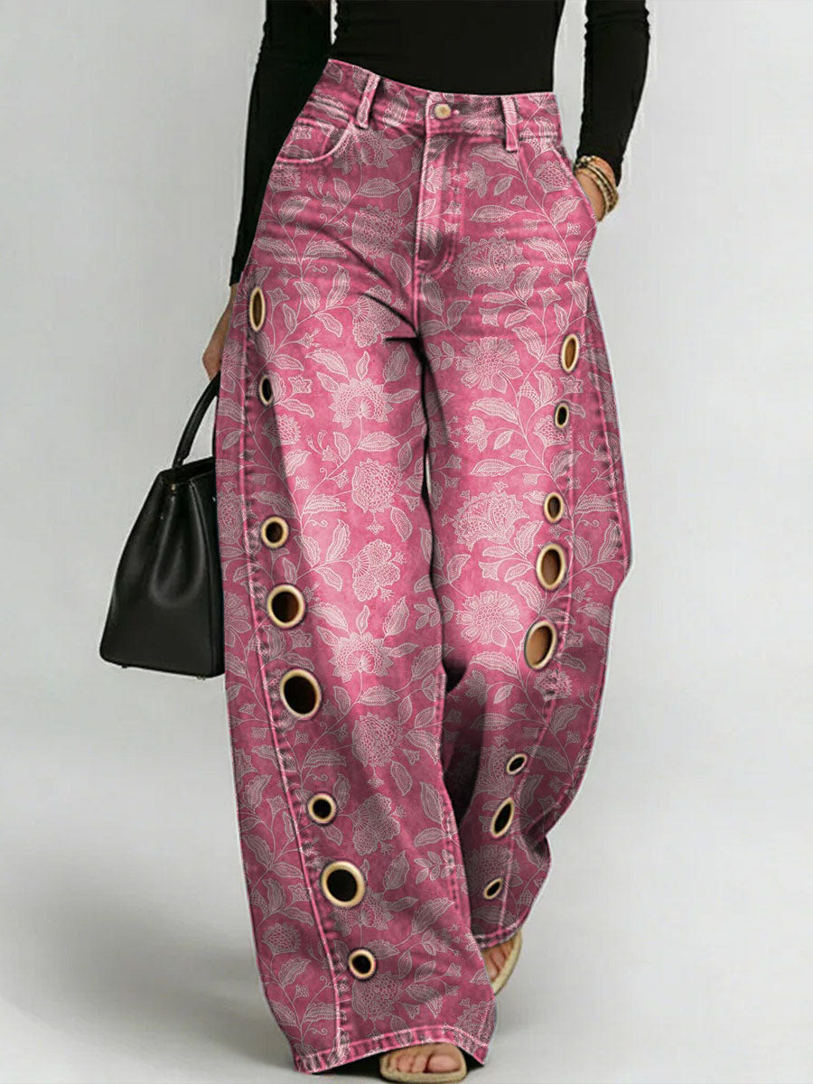 Women's Retro Flower Print Casual Fashion Cutout Jeans