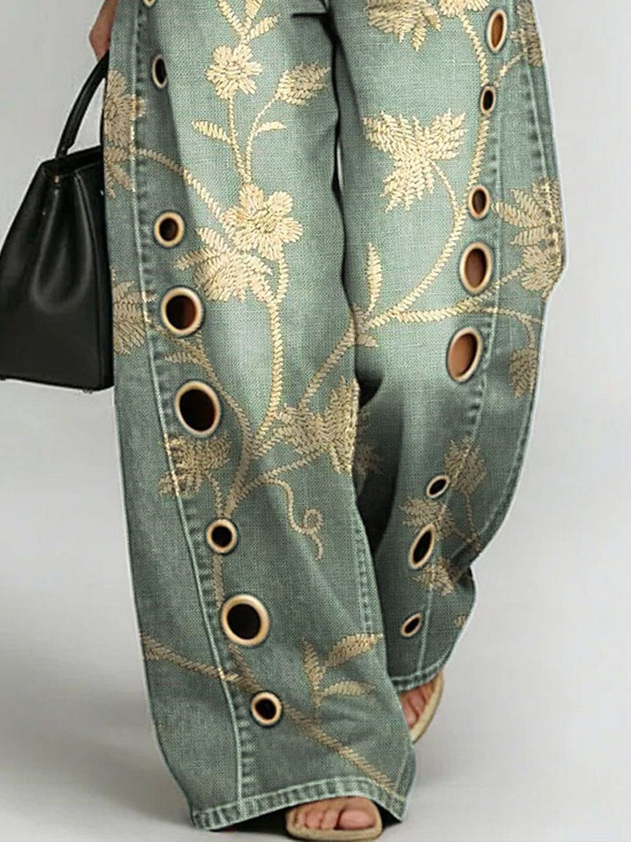 Women's Vintage Flower Print Casual Fashion Cutout Jeans