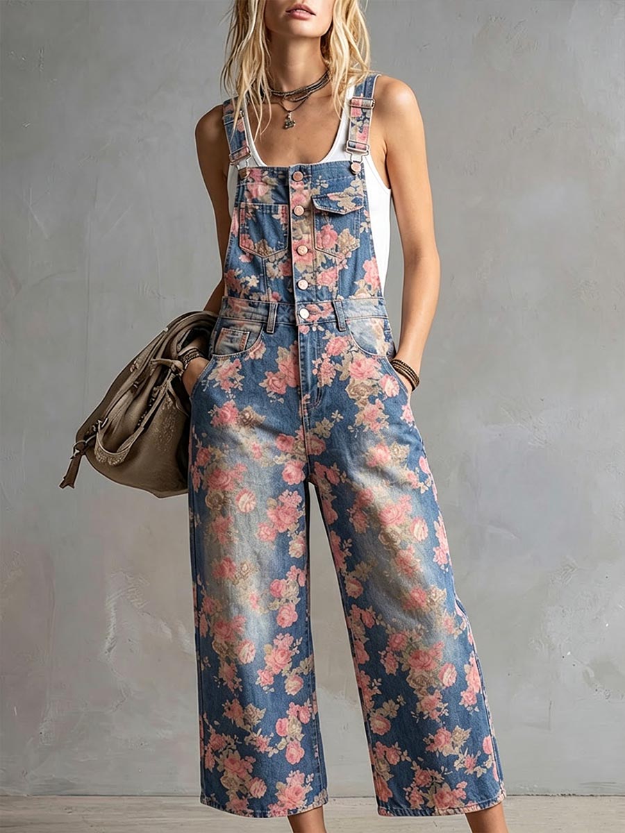 Women's Floral Print Sleeveless Casual Loose-fit Wide-leg Denim Jumpsuit With Straps