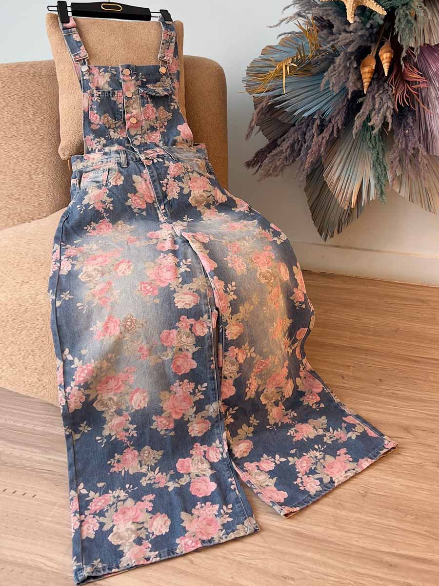 Women's Floral Print Sleeveless Casual Loose-fit Wide-leg Denim Jumpsuit With Straps