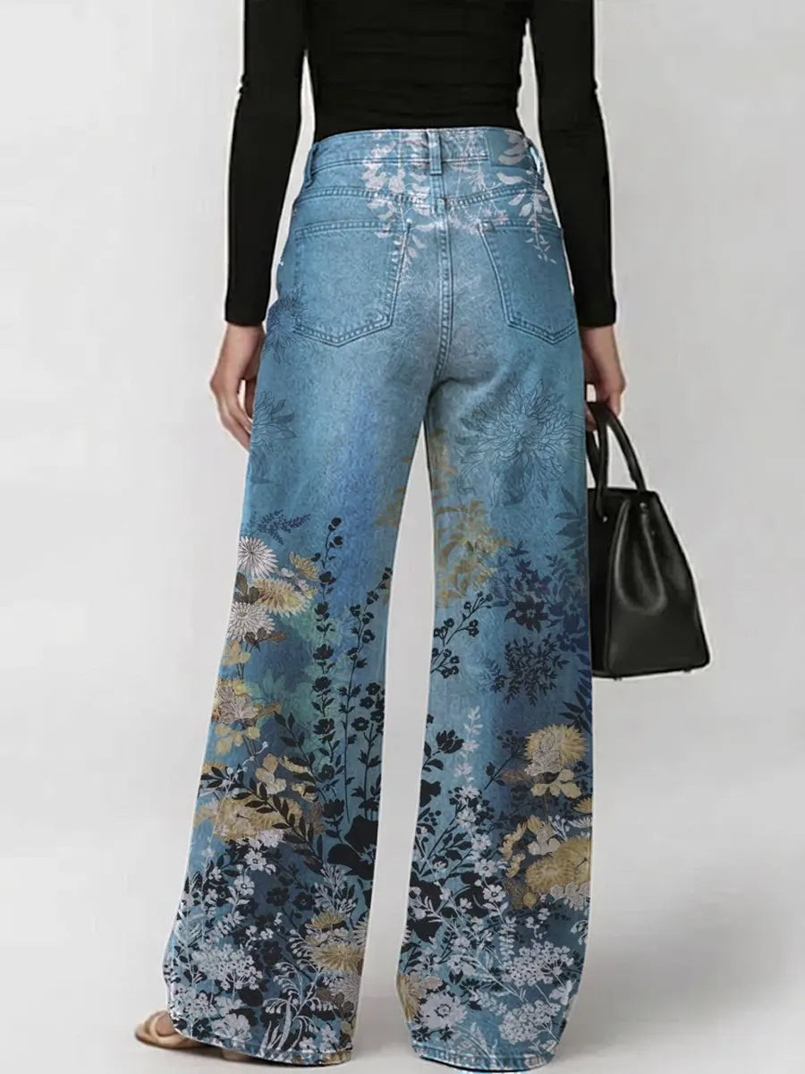 Women's Vintage Gradient Art Flowers Print Casual Fashion Cutout Jeans