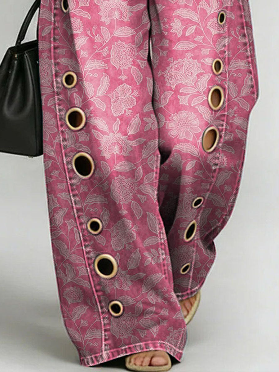 Women's Retro Flower Print Casual Fashion Cutout Jeans