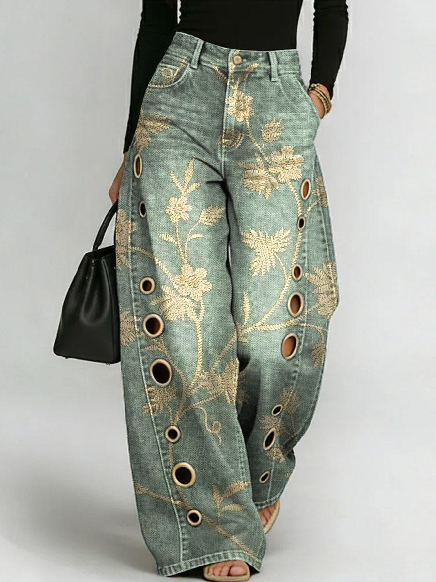 Women's Vintage Flower Print Casual Fashion Cutout Jeans