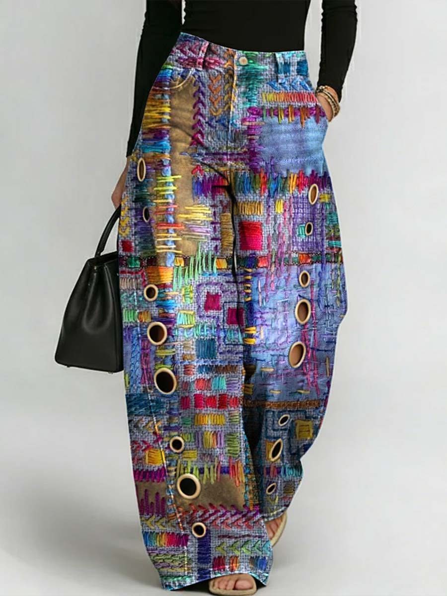 Women's Retro Art Print Casual Stylish Hollow Denim Pants