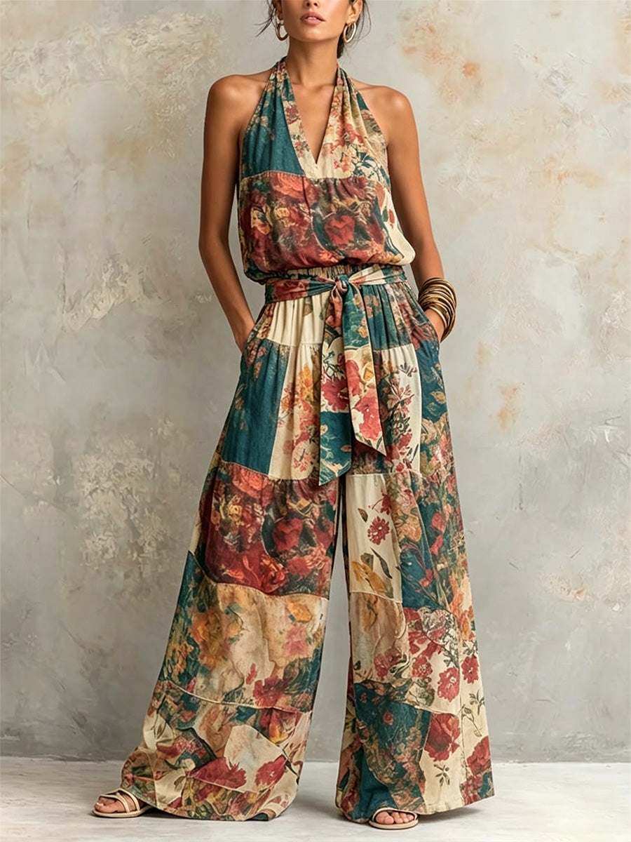 Retro Patchwork Floral Halter-neck Sleeveless Top + Elastic-waist Wide-leg Cotton-linen Pants Two-piece Set