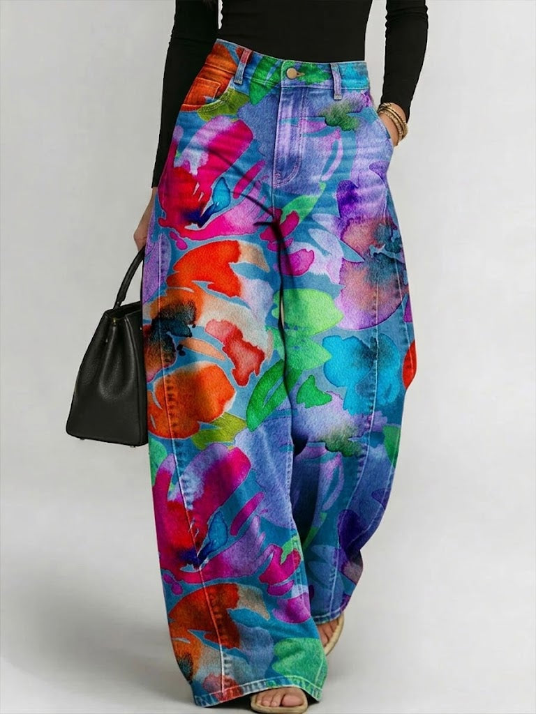 Women's Watercolor Floral Print Loose-fit Jeans