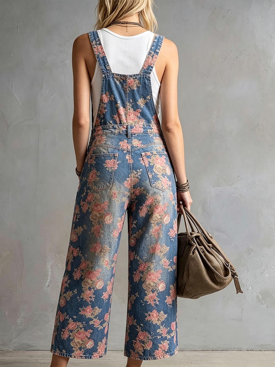 Women's Floral Print Sleeveless Casual Loose-fit Wide-leg Denim Jumpsuit With Straps