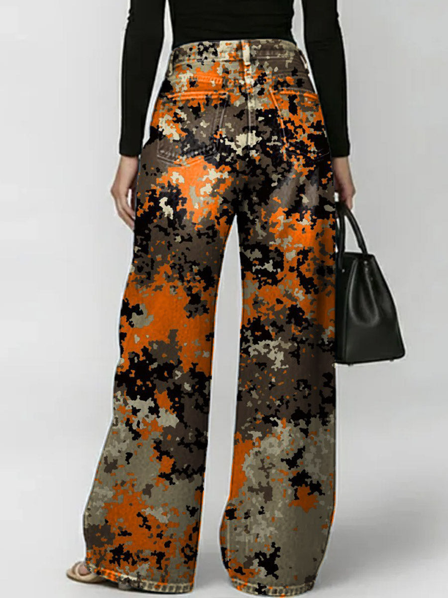 Women's Retro Art Print Casual Stylish Hollow Denim Pants