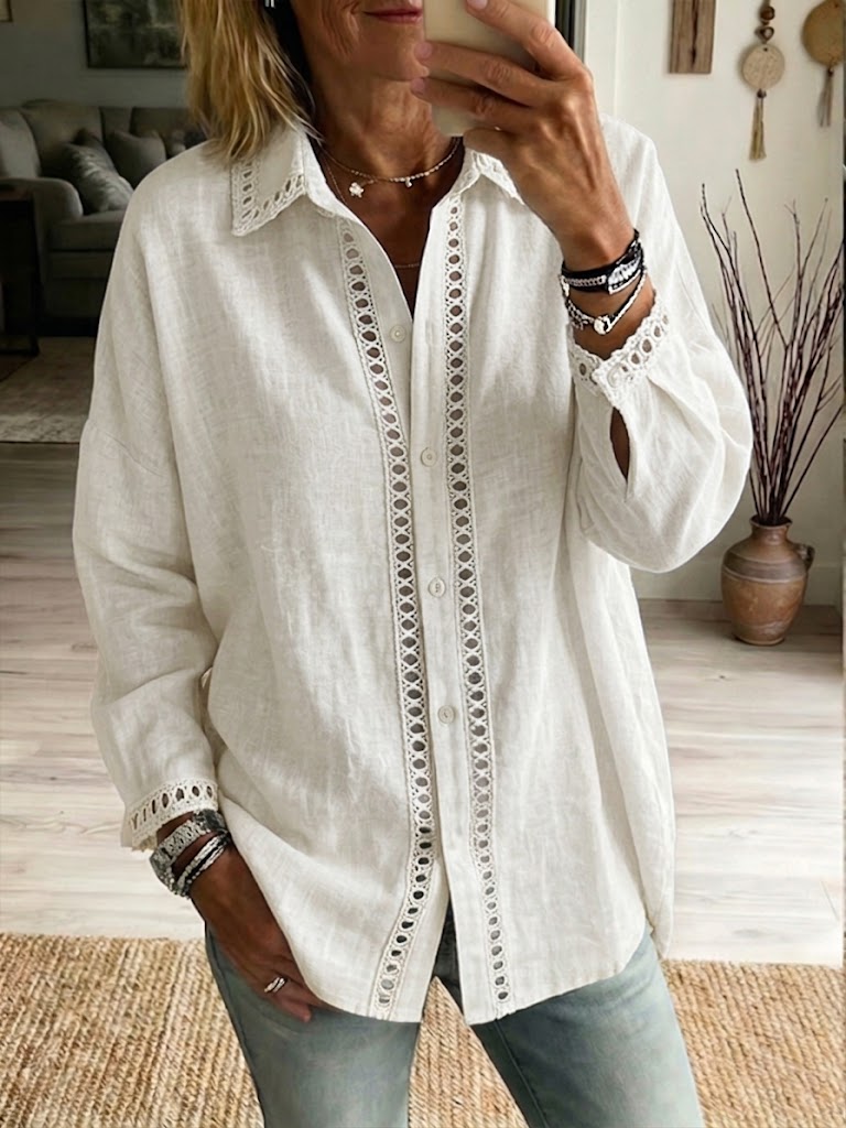 Women's Linen Cotton Shirt Lace Hollow Out Long Sleeve Button Down Collared Blouse
