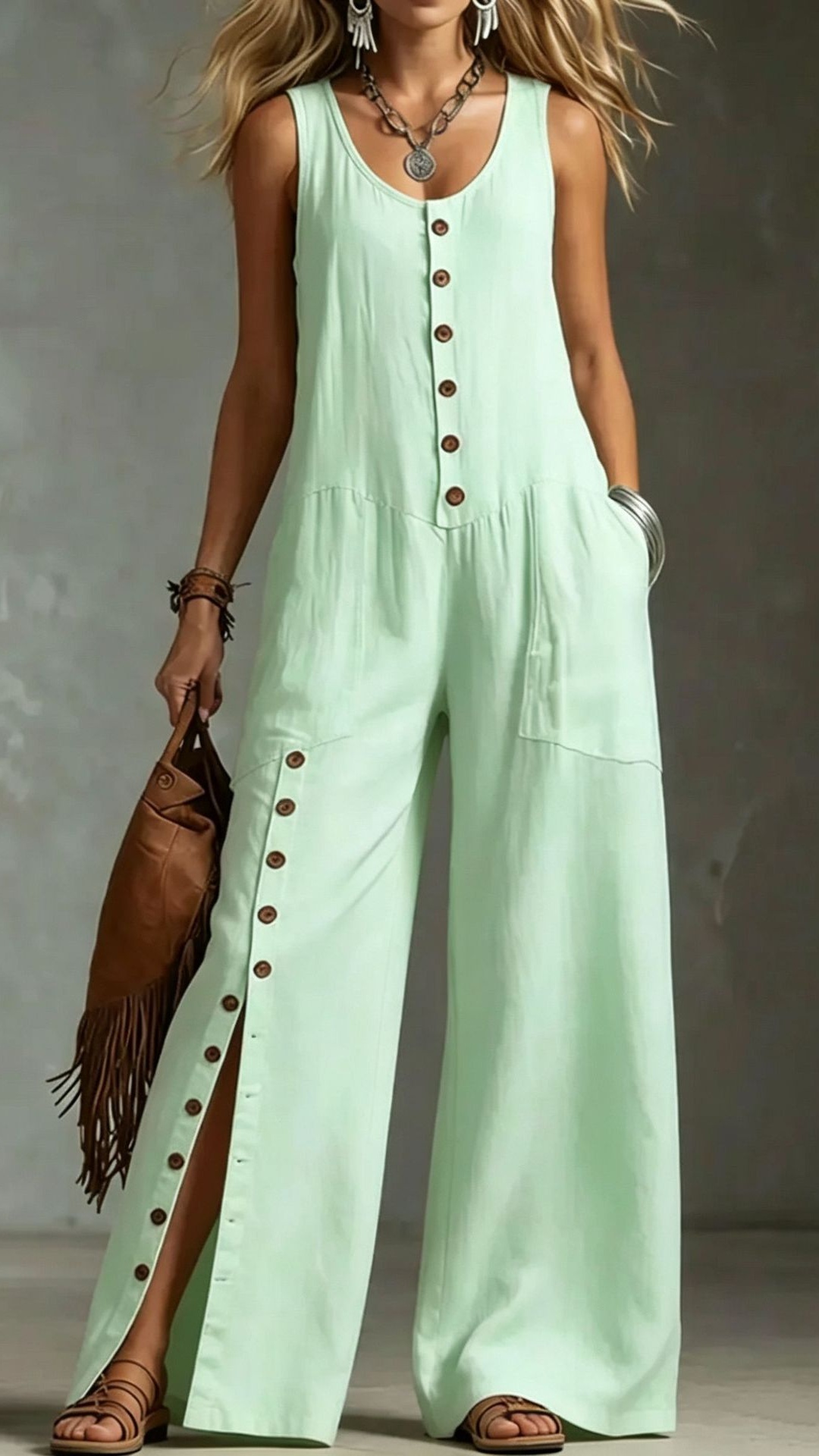Women's Sleeveless Linen Jumpsuit with Button Pockets