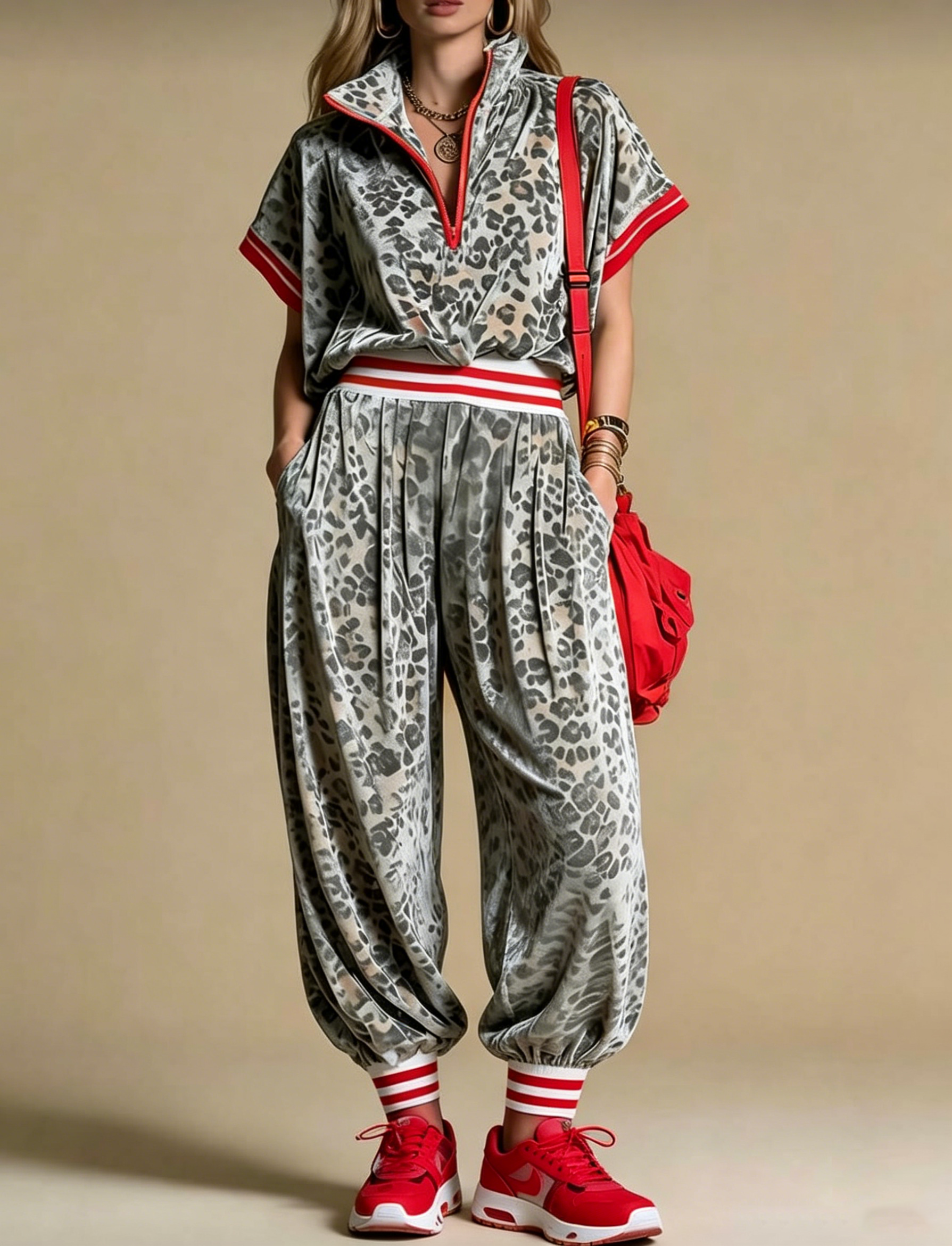 Women Leopard Print Velvet Sporty Two-Piece Set