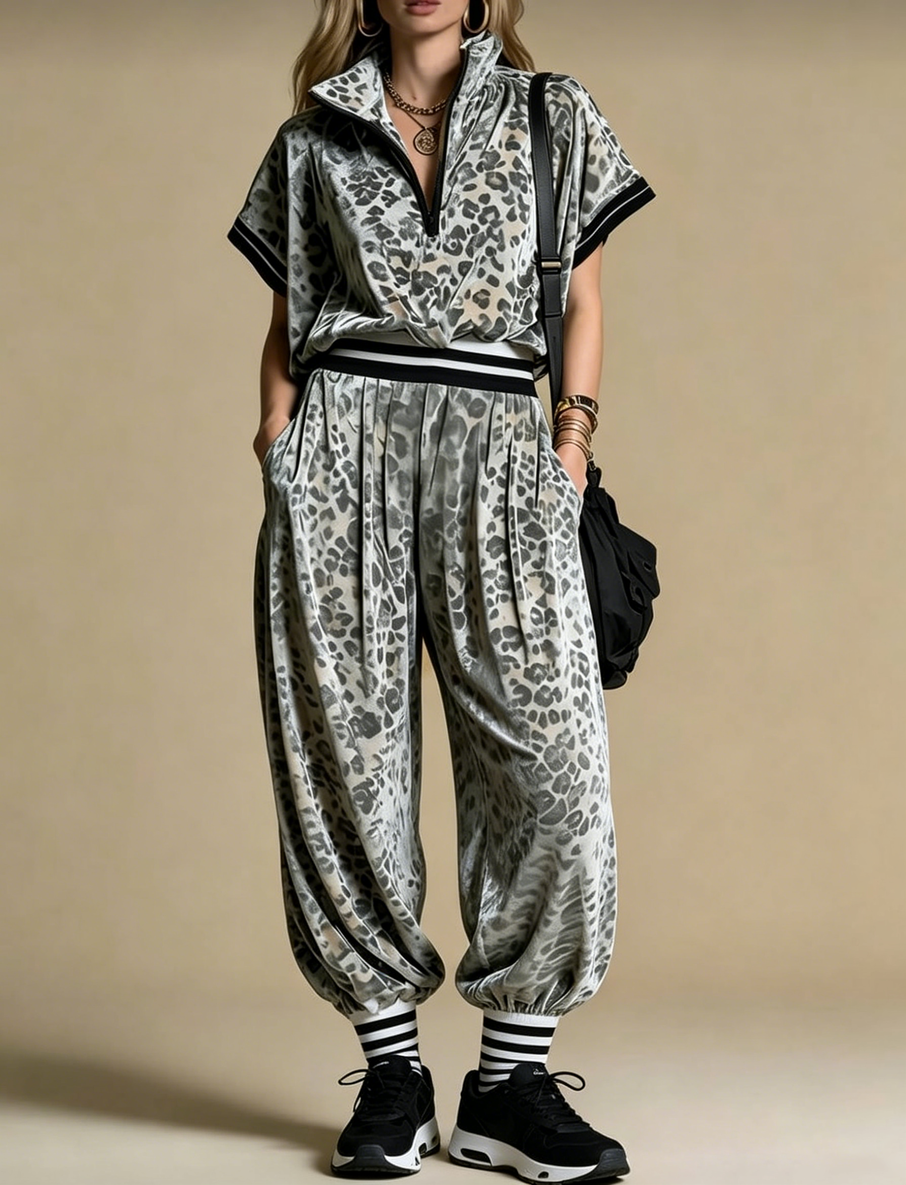 Women Leopard Print Velvet Sporty Two-Piece Set
