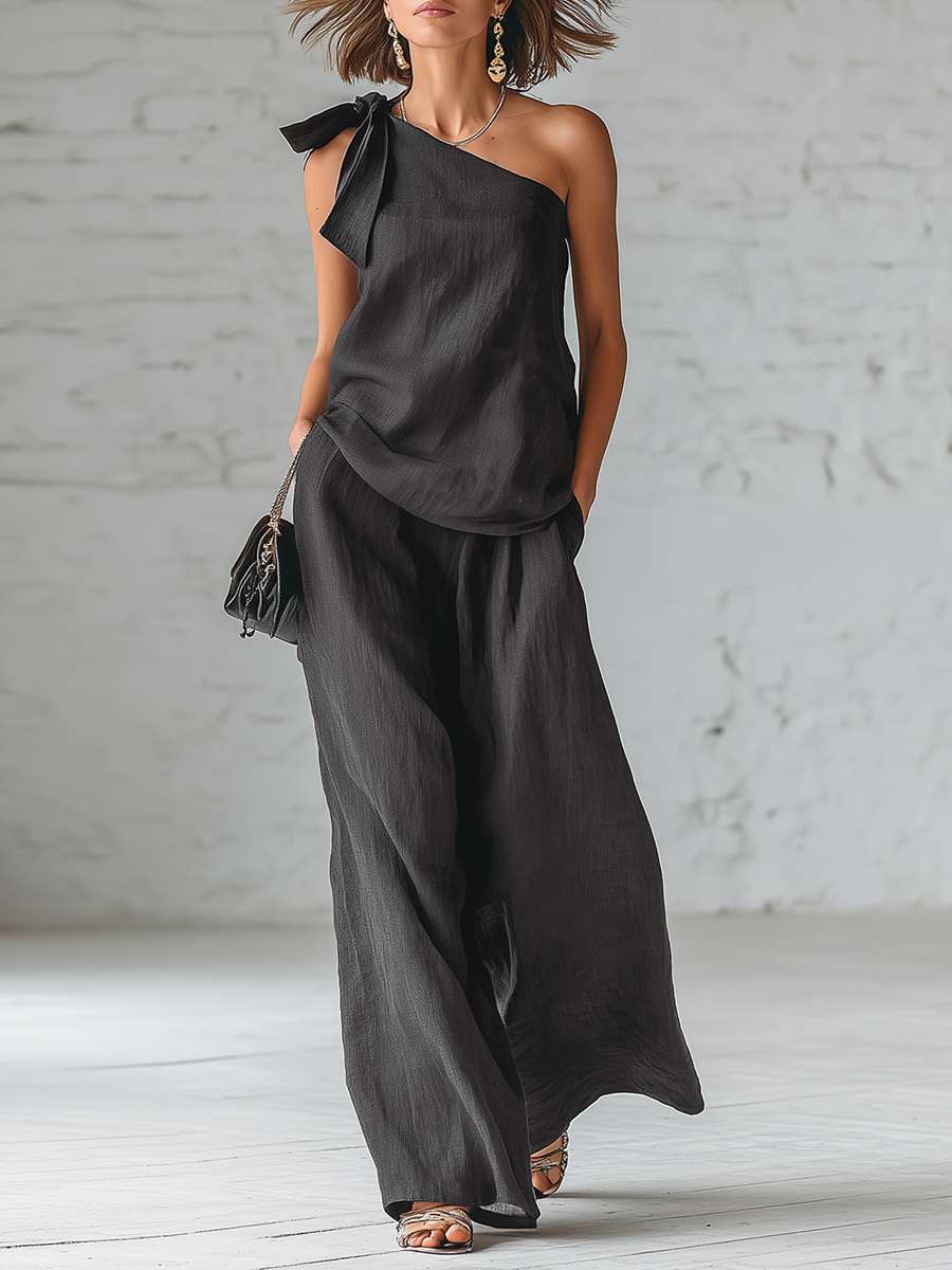 Women Effortless One-Shoulder Linen Lounge Set