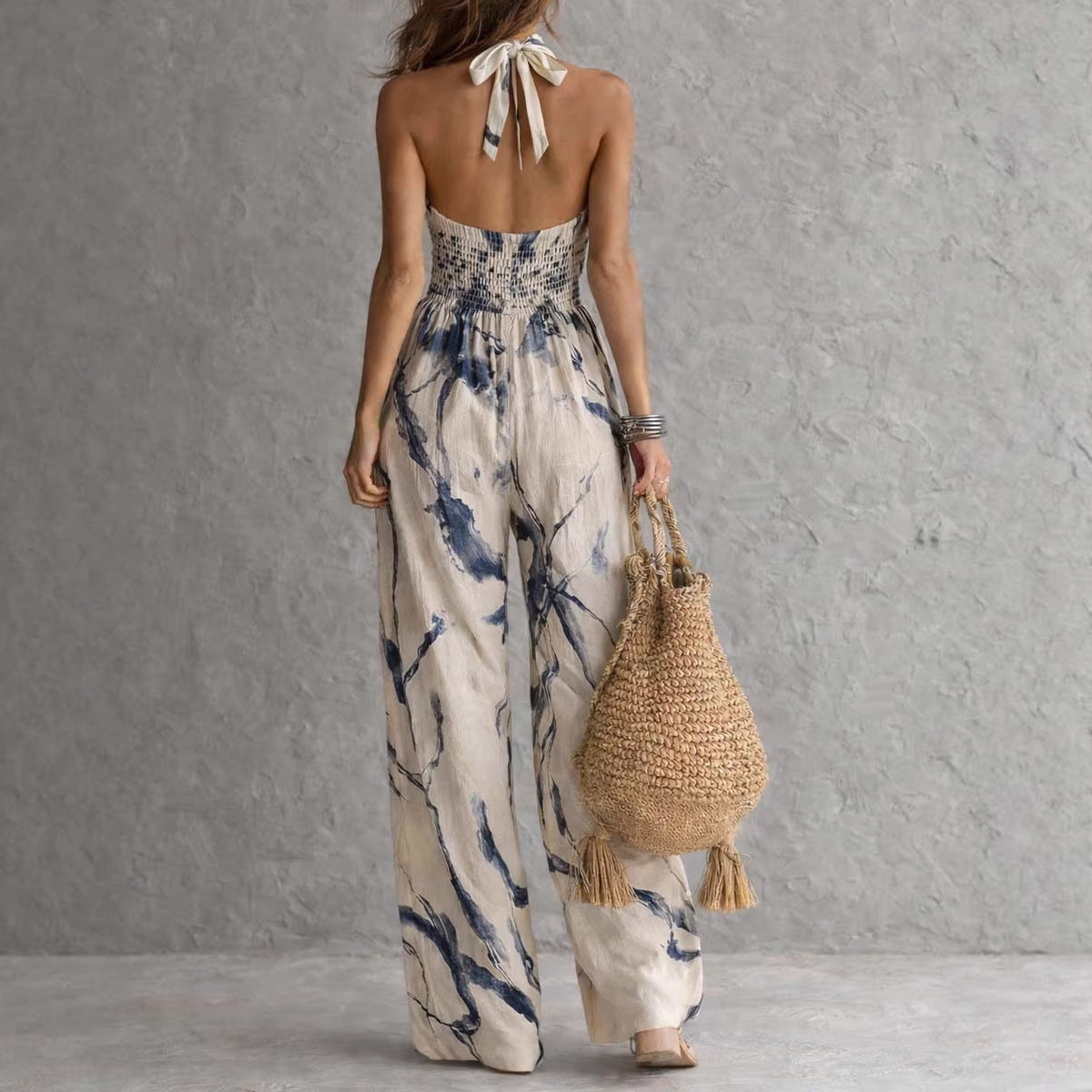 Women's Beige Abstract PrintHalter Wide-Leg Jumpsuit