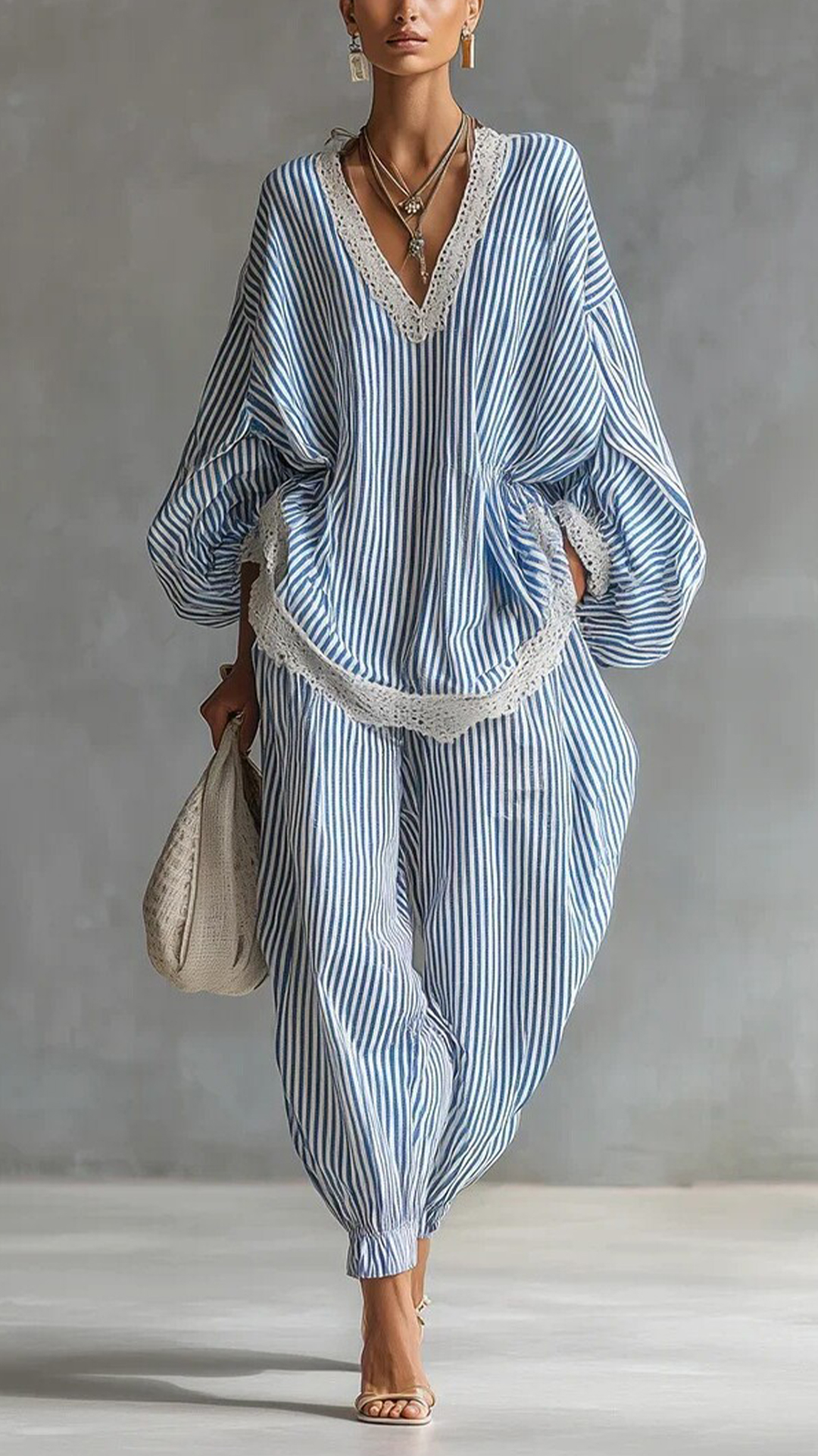 Women's Cotton-Blend Lace Trim Striped Wide-Leg Pants Set