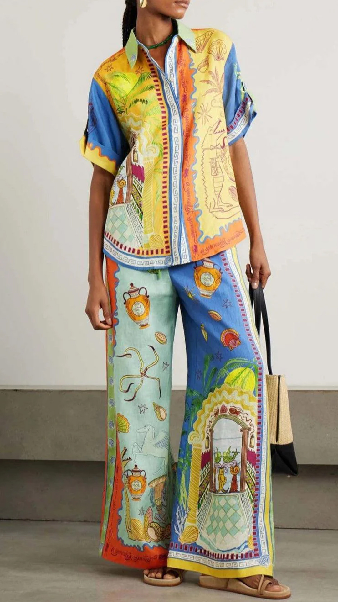 Women's Linen-Cotton Blend Retro Print Shirt & Wide-Leg Pants Set