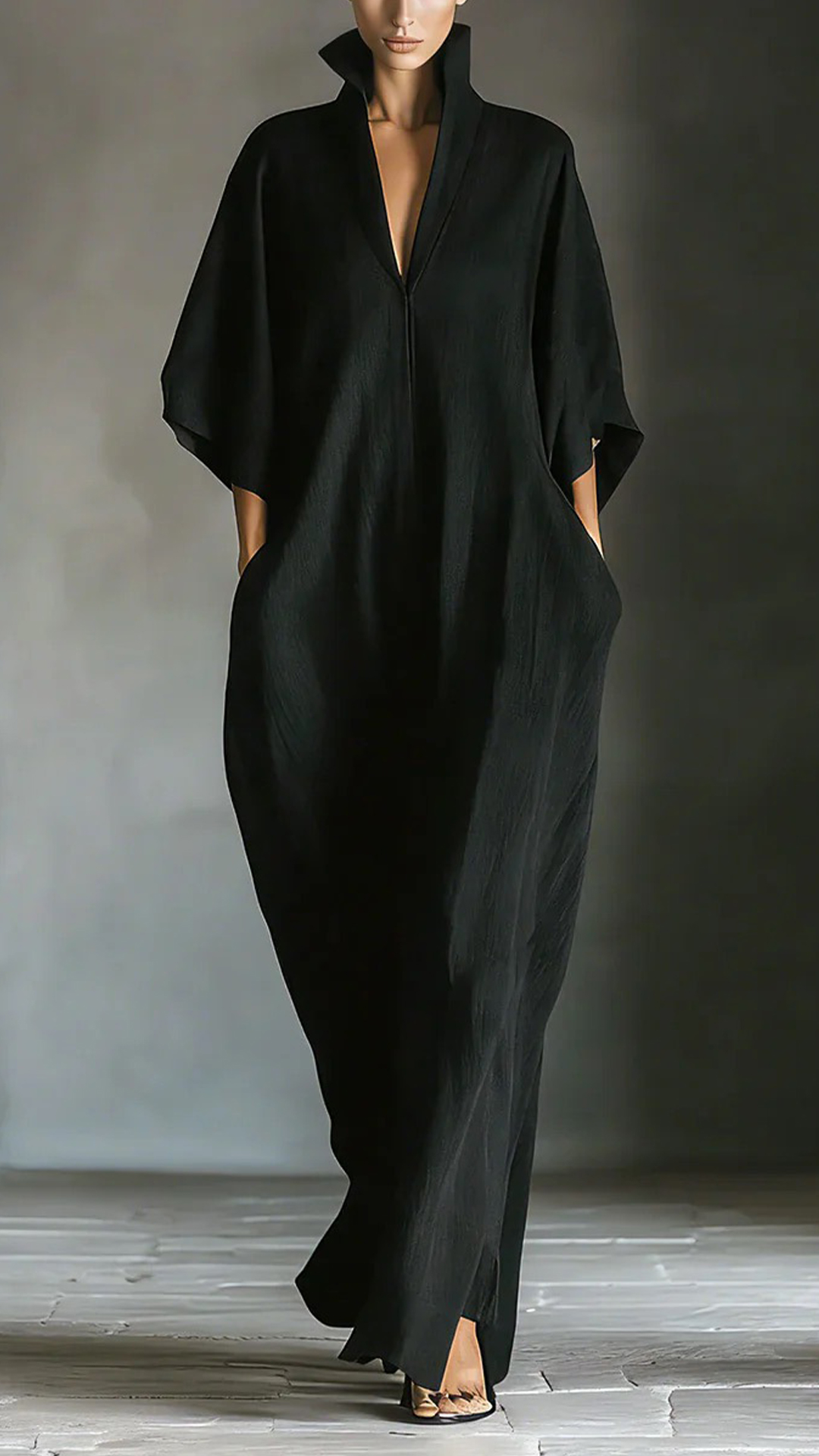 Women's Cotton-Blend Stand Collar V-Neck Loose Caftan