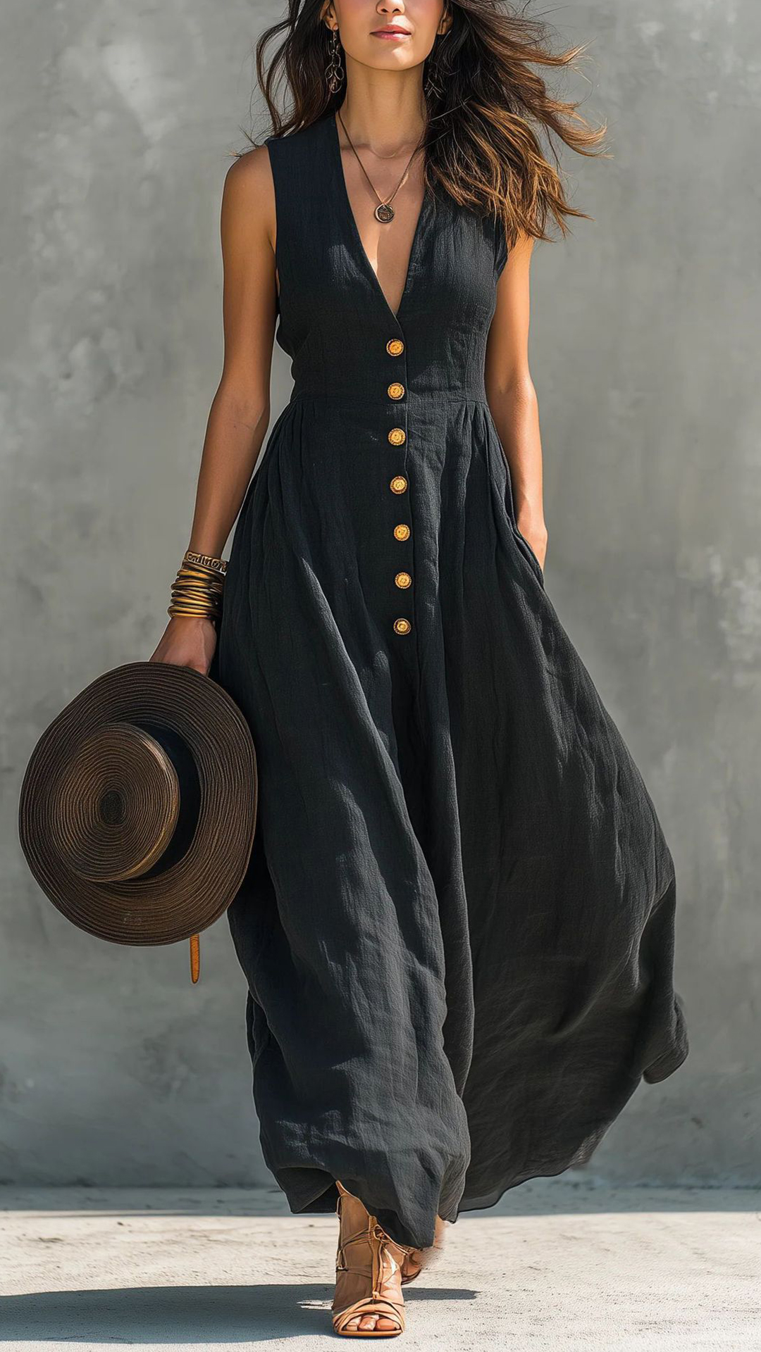Women's Cotton-Blend V-Neck Sleeveless Button-Down Maxi Dress