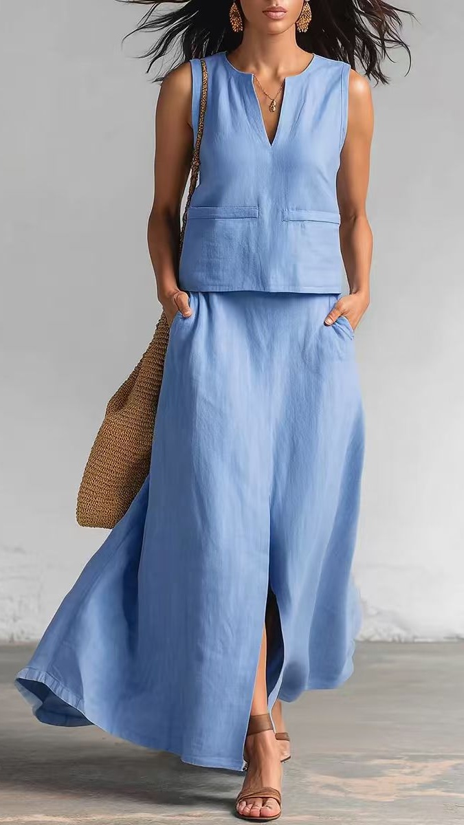 Women's Sleeveless Solid-Color Cotton-Linen Set: V-Neck Top & Casual Skirt with Side Pockets