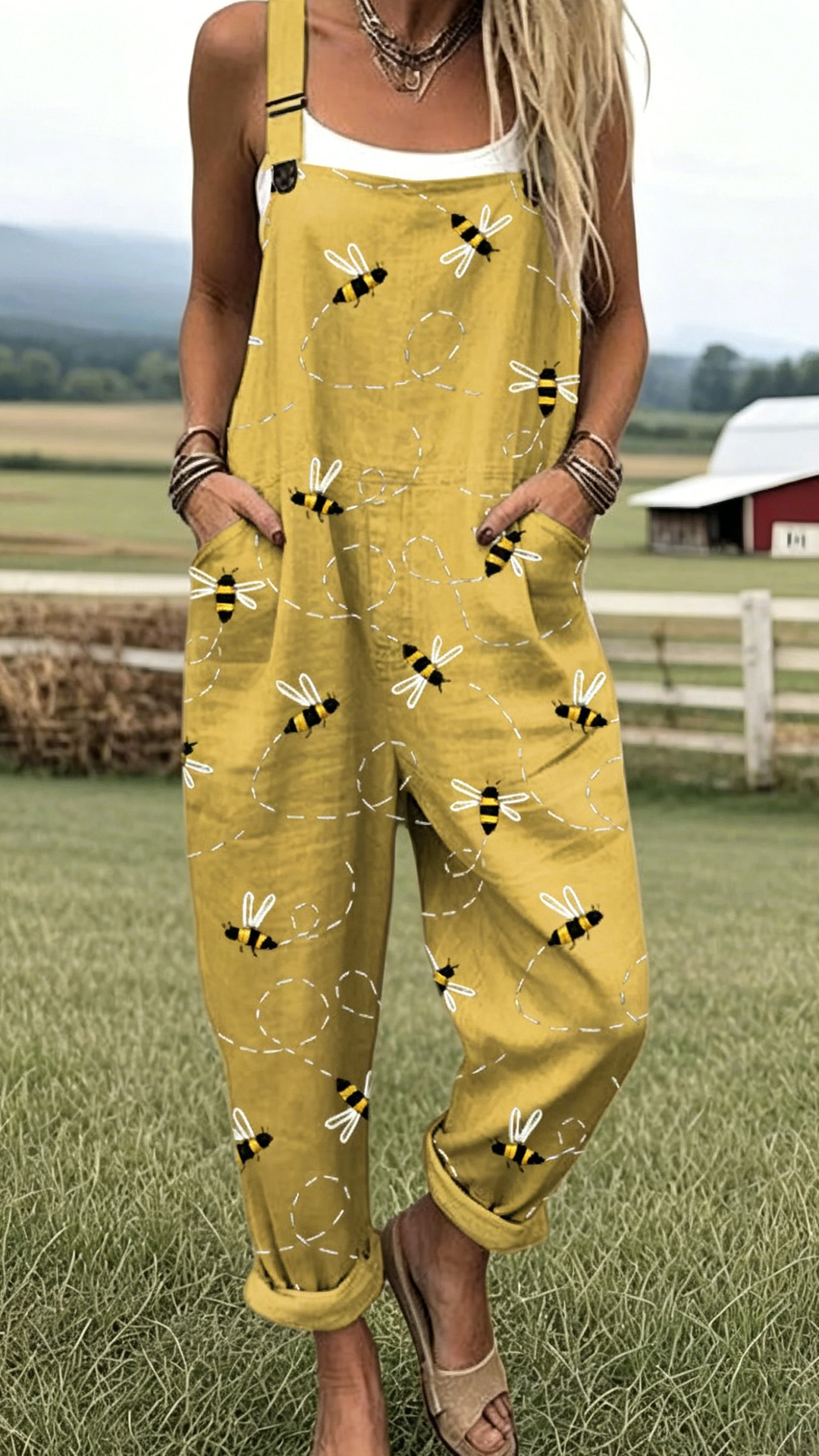 Women's Cotton-Blend Bee Print Loose Overalls