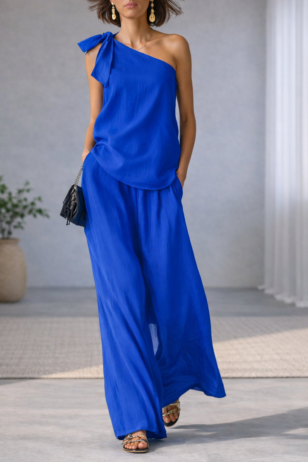 Women Effortless One-Shoulder Linen Lounge Set