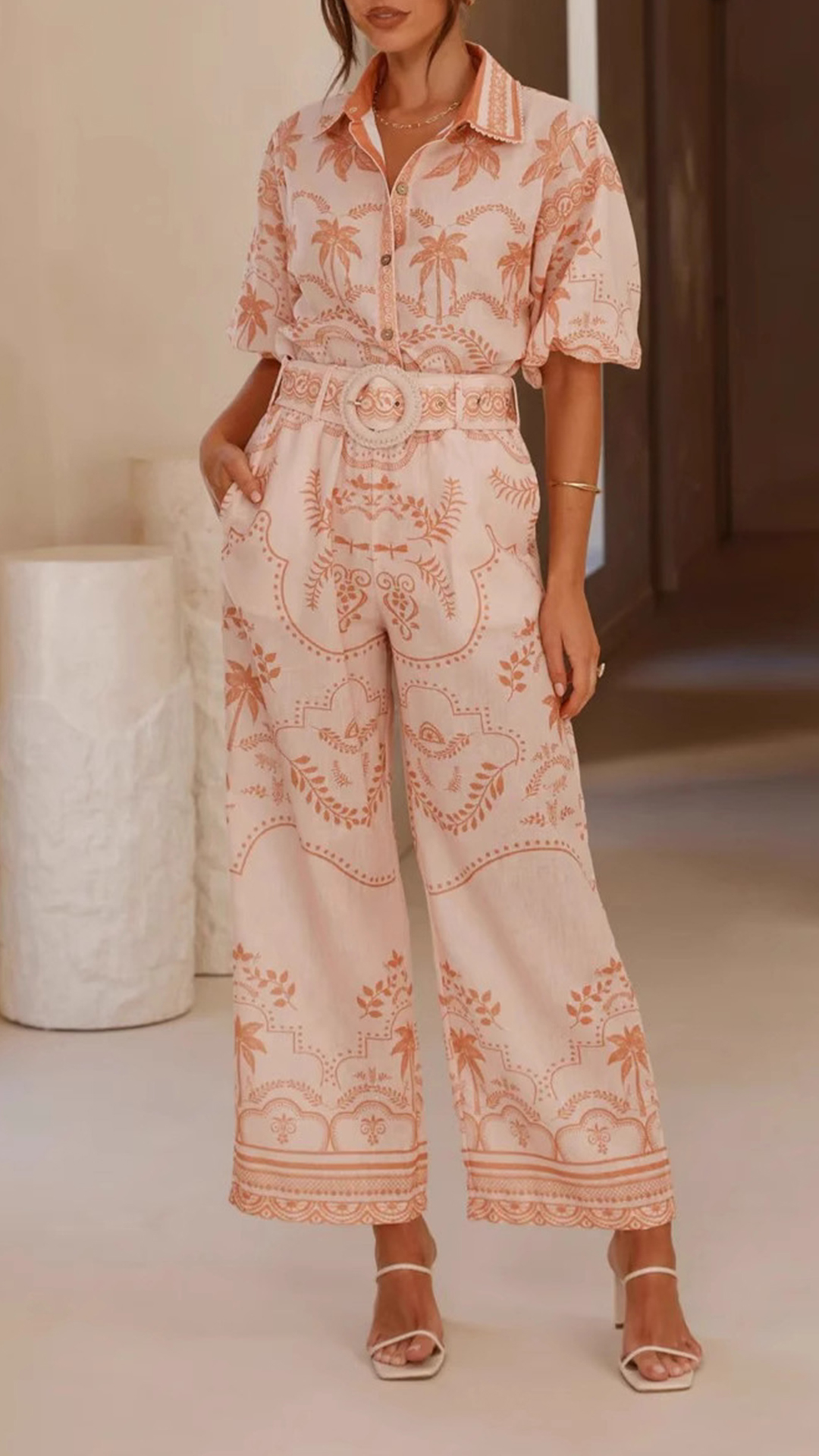 Women's Cotton‑blend Light Apricot Botanical Print Collared Puff Sleeve Top & Wide‑Leg Pants Set