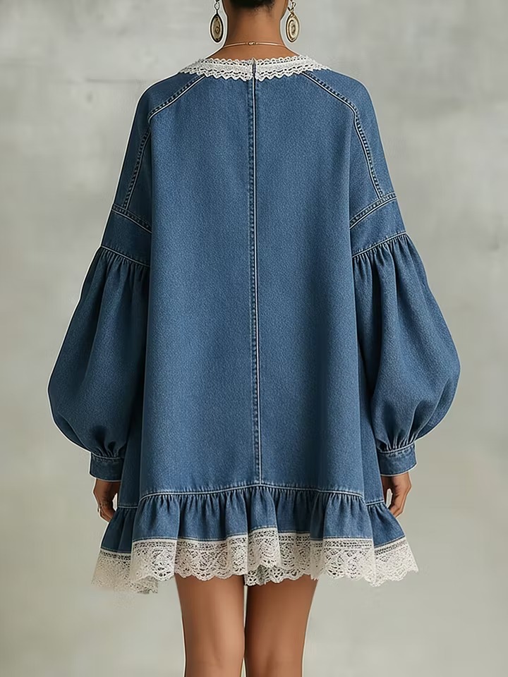 Blue Lace V-Neck Lantern Sleeve Ruffle Trim Colorblock Denim Boho Mini Dress