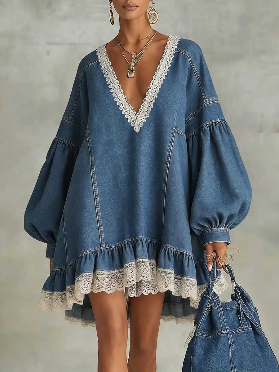 Blue Lace V-Neck Lantern Sleeve Ruffle Trim Colorblock Denim Boho Mini Dress