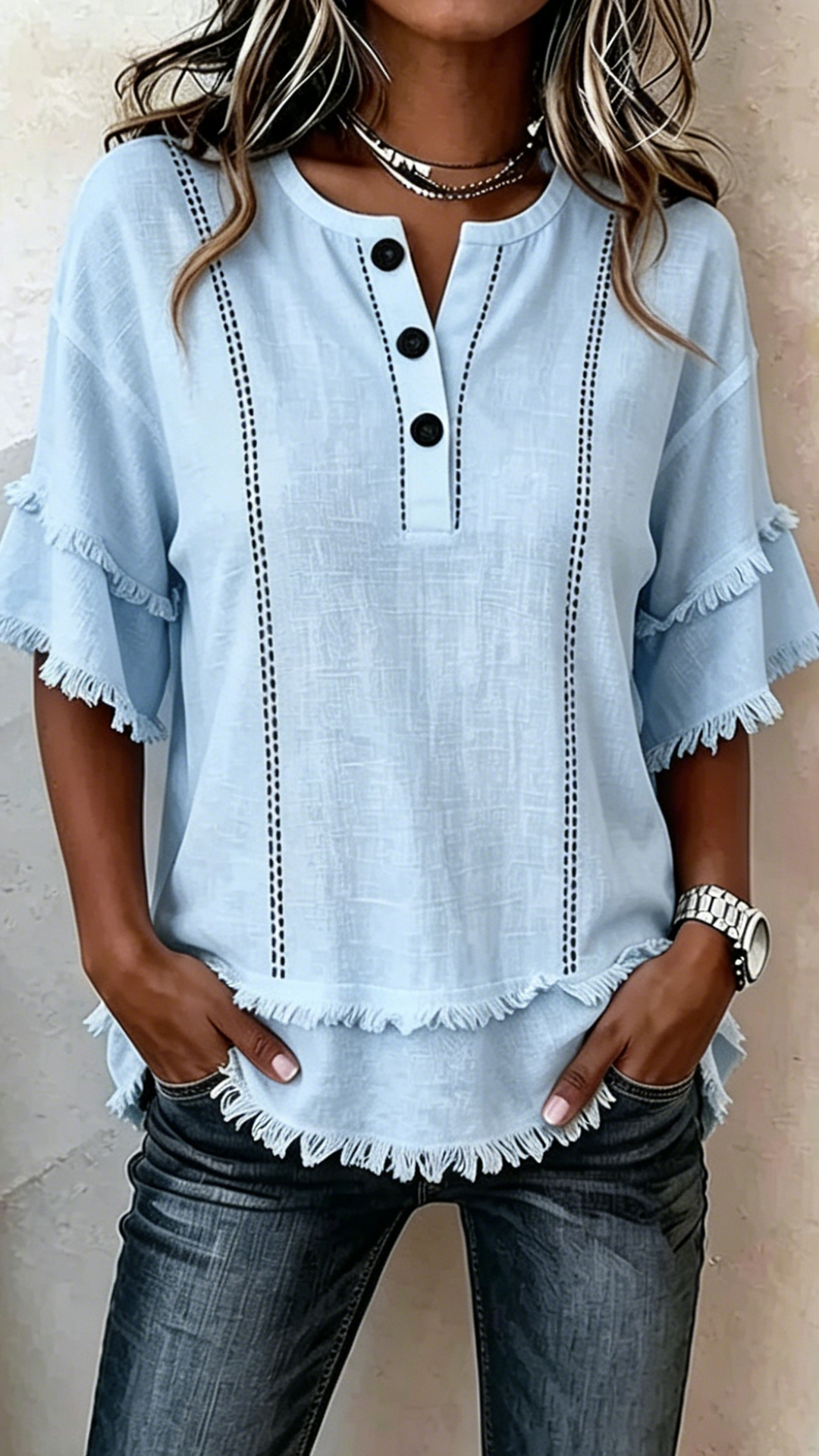 Women's Cotton-Blend Henley Neck Fringe Blouse