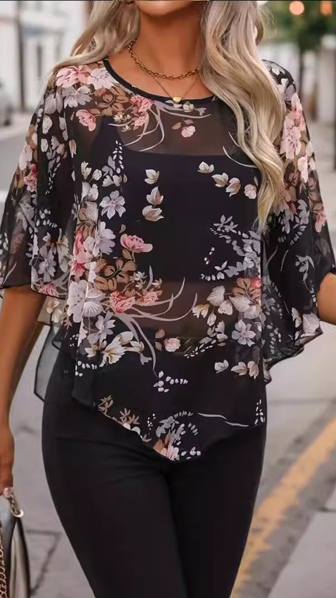 Women's Cotton-Blend Floral Print Batwing Sleeve Blouse