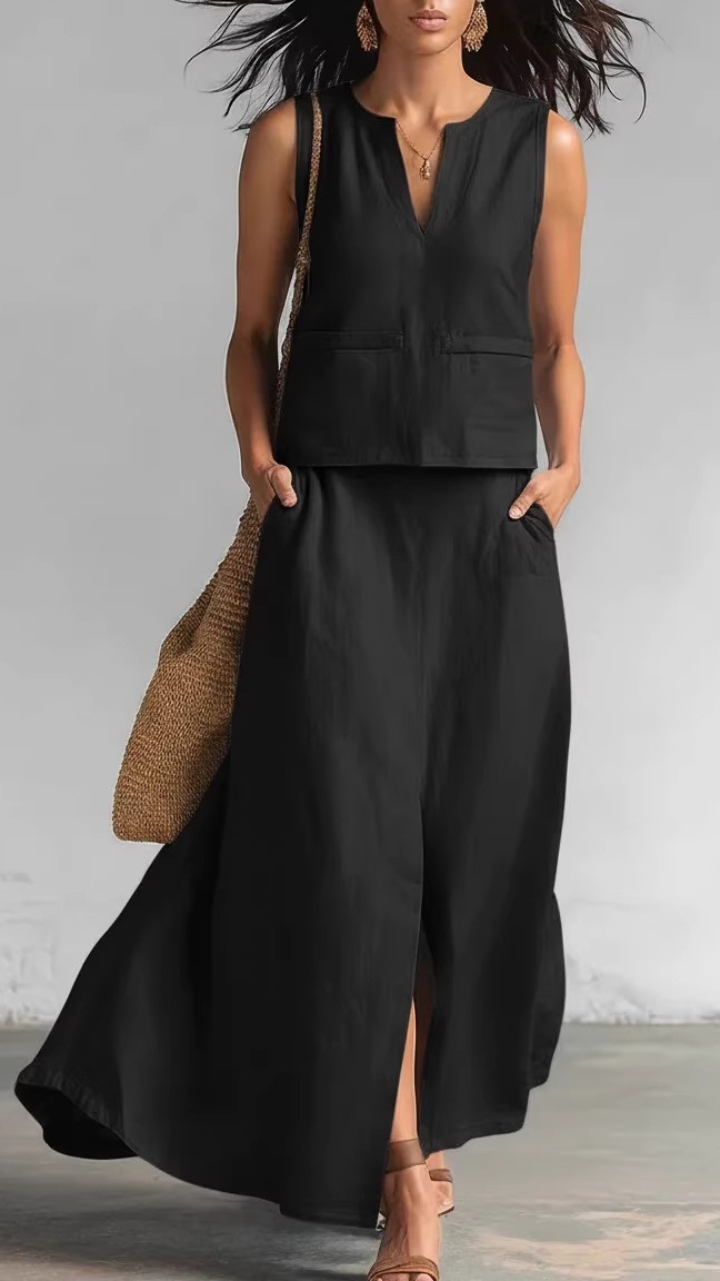 Women's Sleeveless Solid-Color Cotton-Linen Set: V-Neck Top & Casual Skirt with Side Pockets
