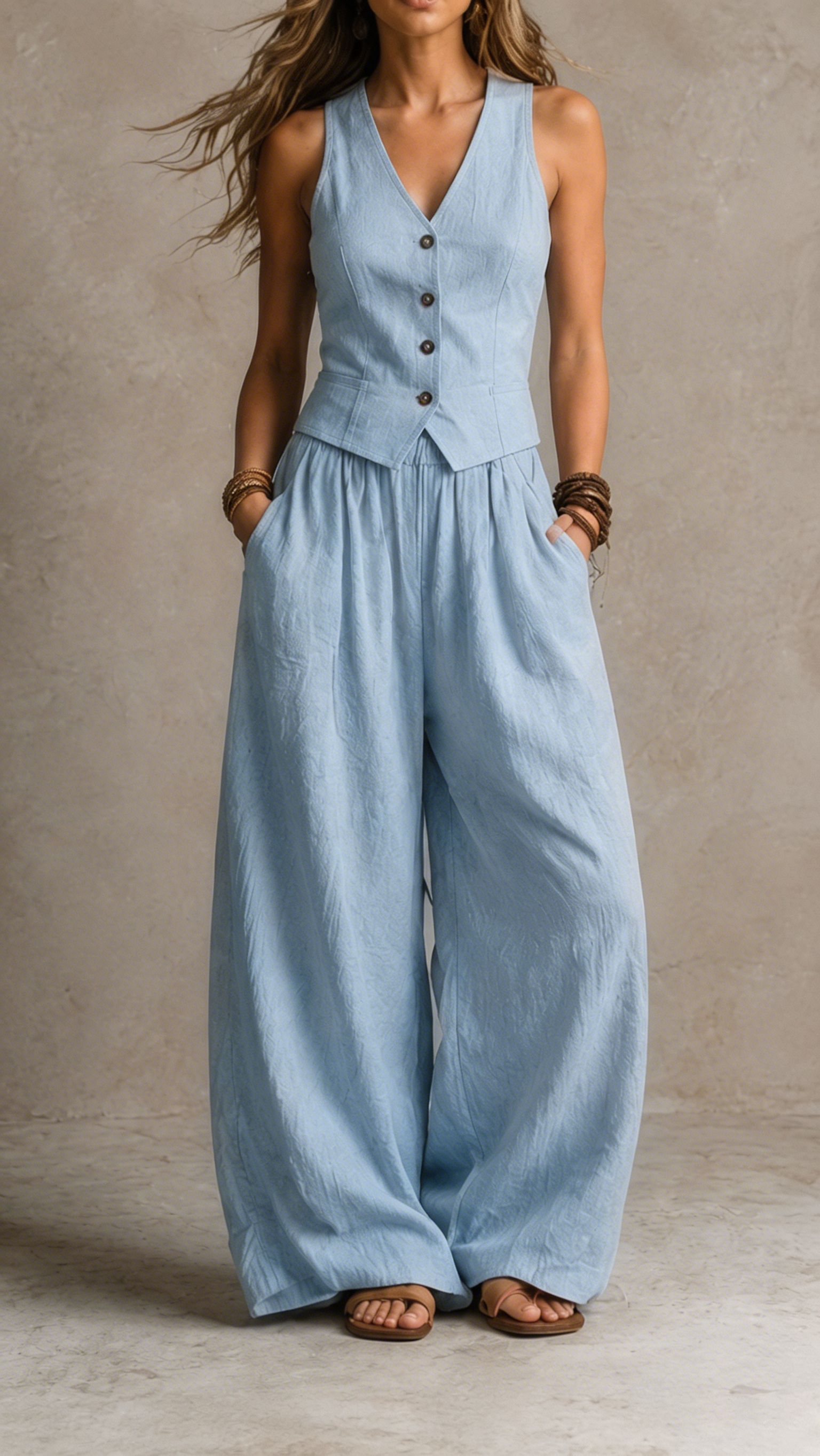 Women Elegant Linen Blend Two-Piece Set