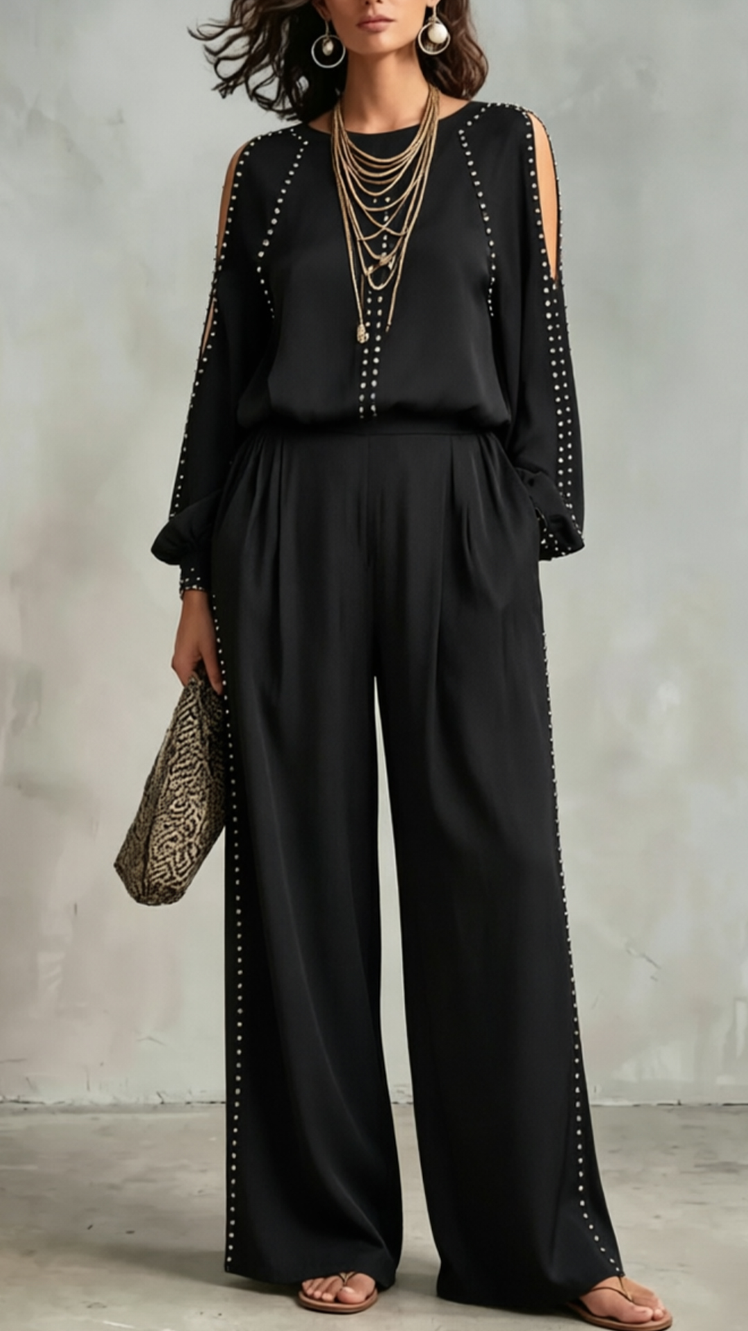 Women's Cold-Shoulder Studded Top & Wide-Leg Pants Polyester Set