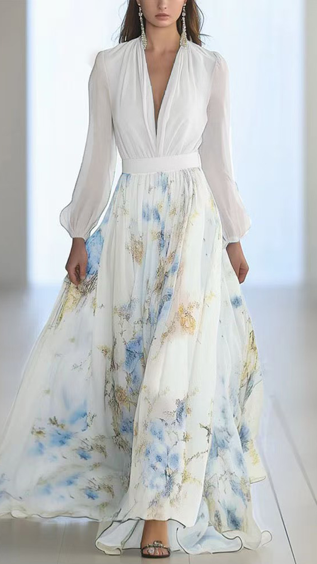 Women's Floral Print Cotton-Blend Deep V-Neck Maxi Dress
