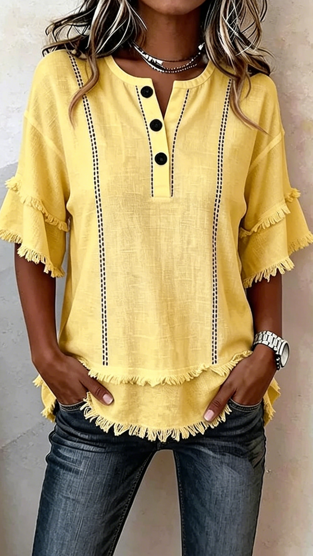 Women's Cotton-Blend Henley Neck Fringe Blouse