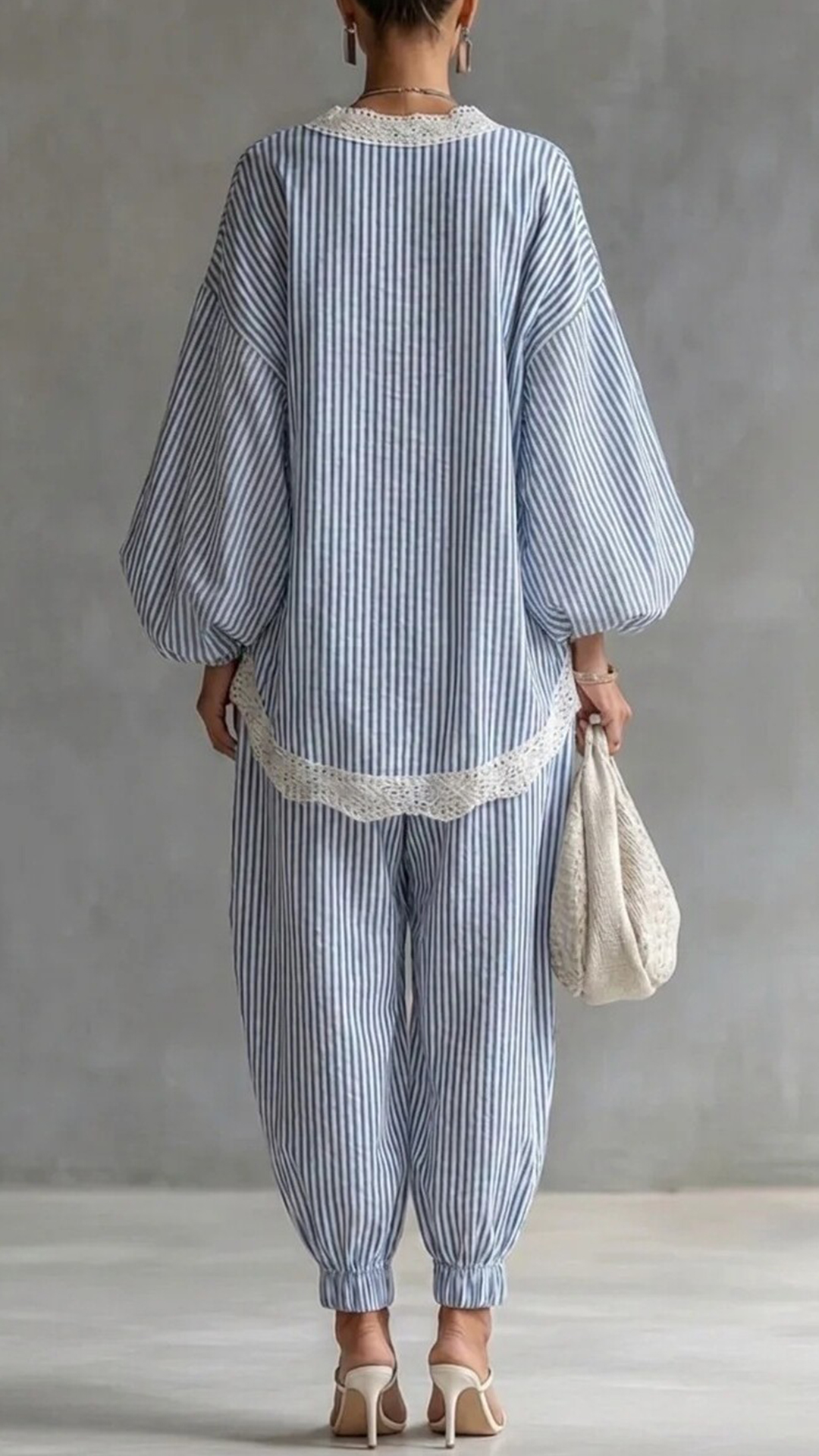 Women's Cotton-Blend Lace Trim Striped Wide-Leg Pants Set