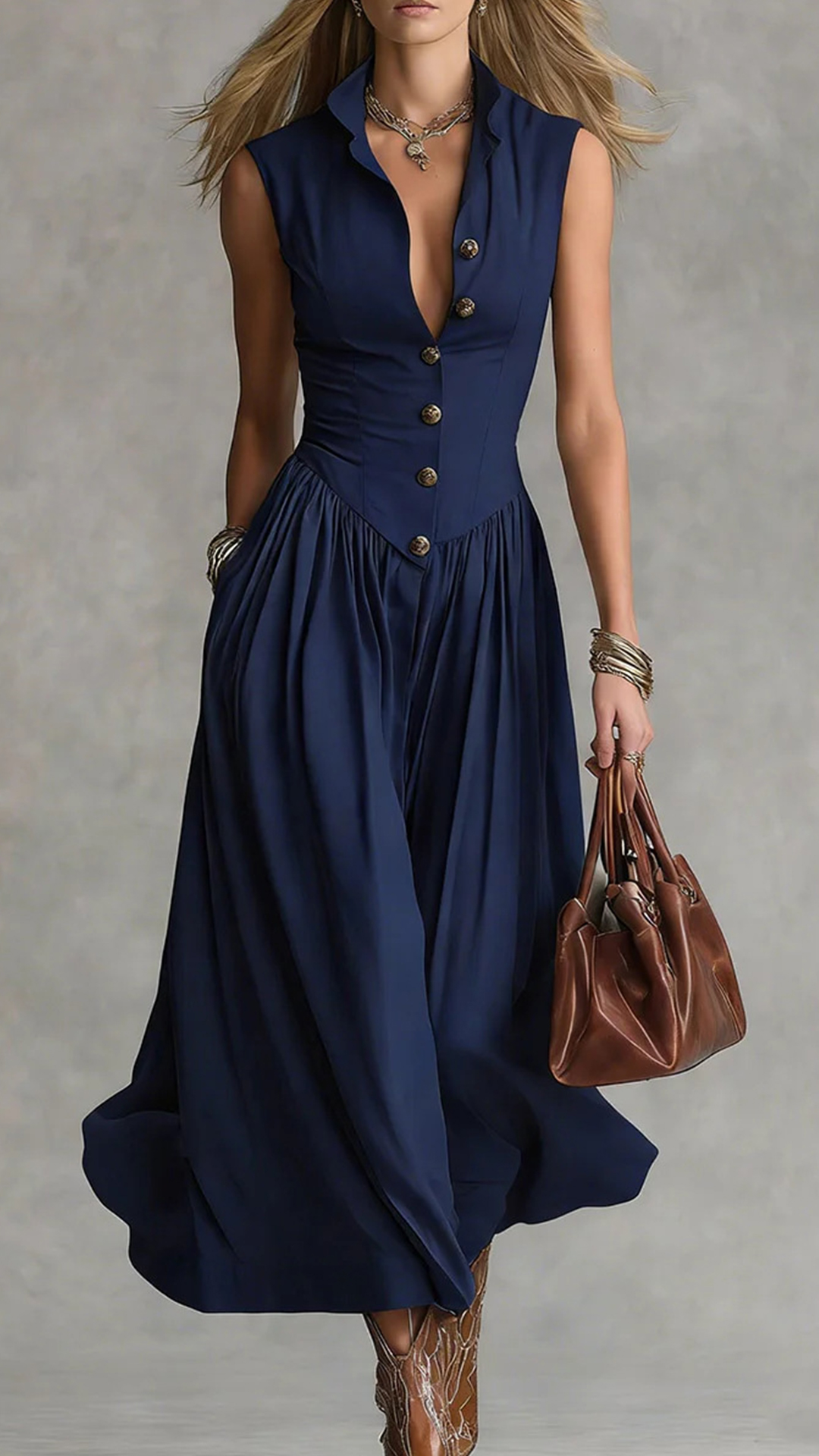 Women's Cotton-Blend Waisted Sleeveless Shirtdress