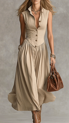Women's Cotton-Blend Waisted Sleeveless Shirtdress