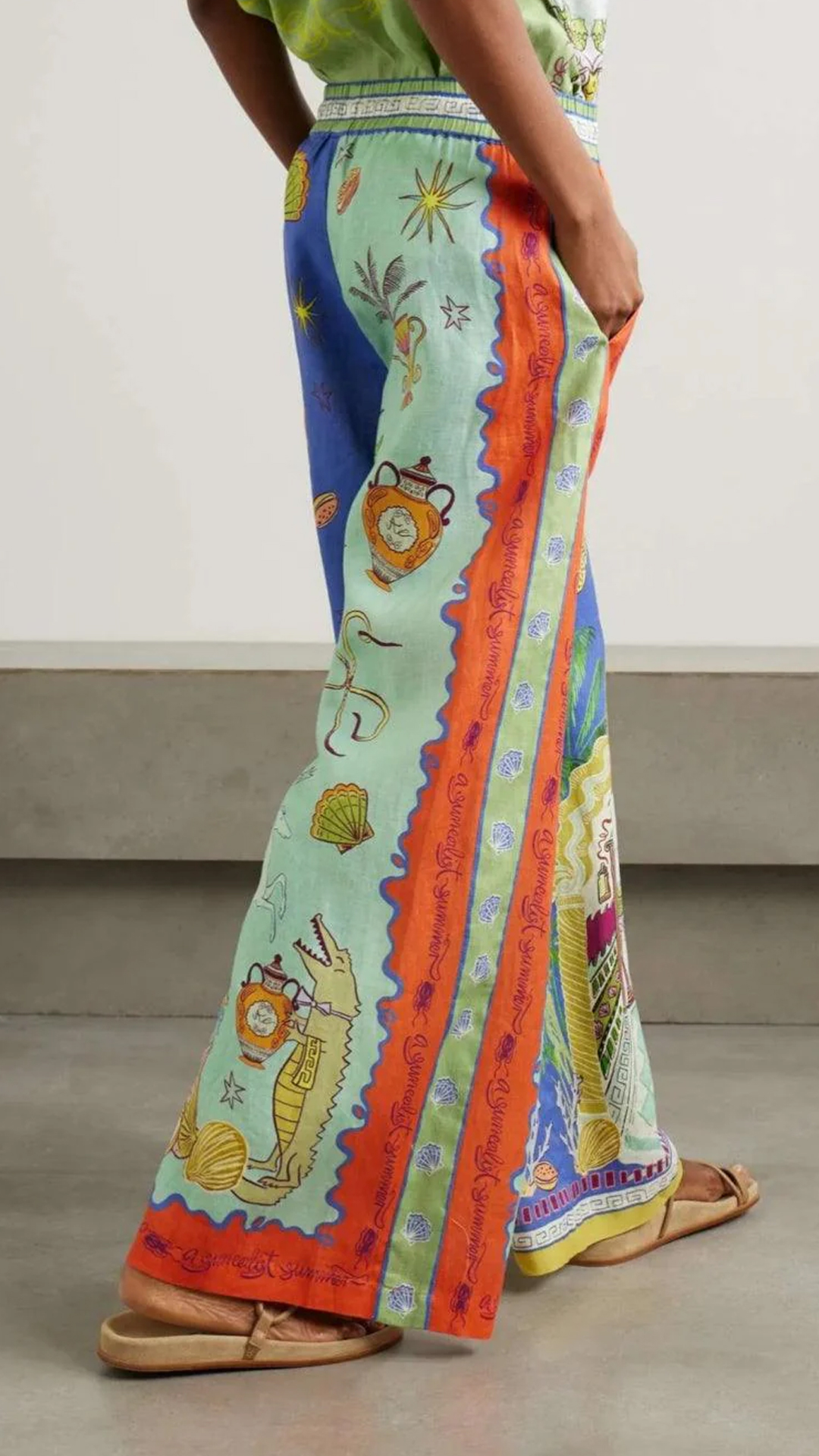 Women's Linen-Cotton Blend Retro Print Shirt & Wide-Leg Pants Set