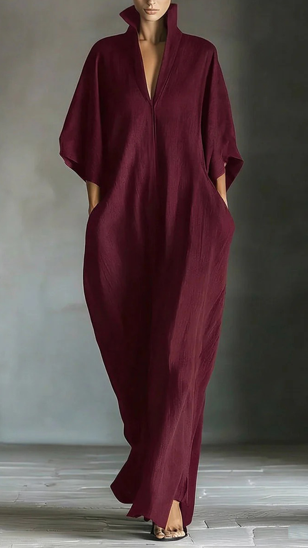 Women's Cotton-Blend Stand Collar V-Neck Loose Caftan