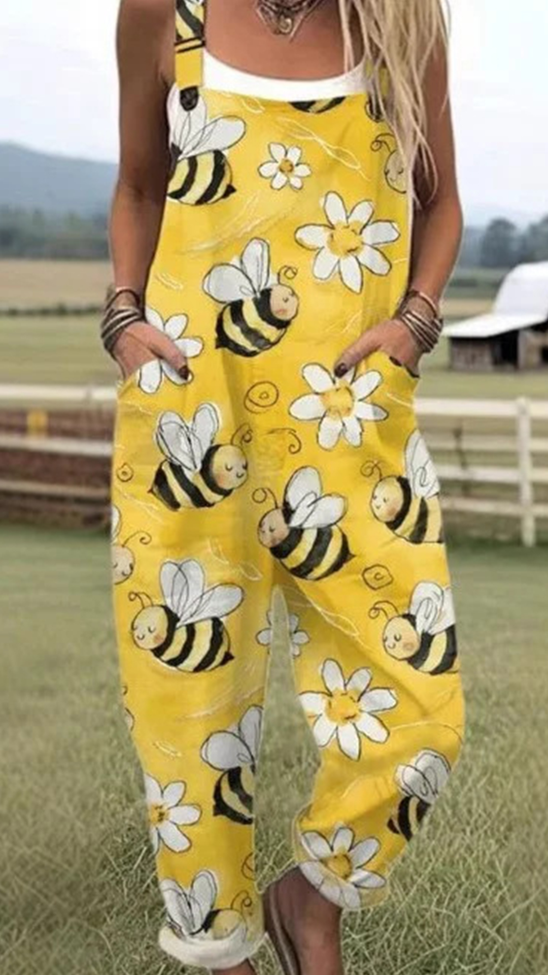 Women's Cotton-Blend Bee Print Loose Overalls