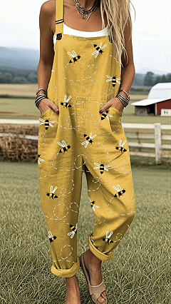 Women's Cotton-Blend Bee Print Loose Overalls