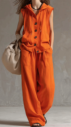 Women's Cotton-Blend Orange Hooded Sleeveless Vest & Wide-Leg Pants Set