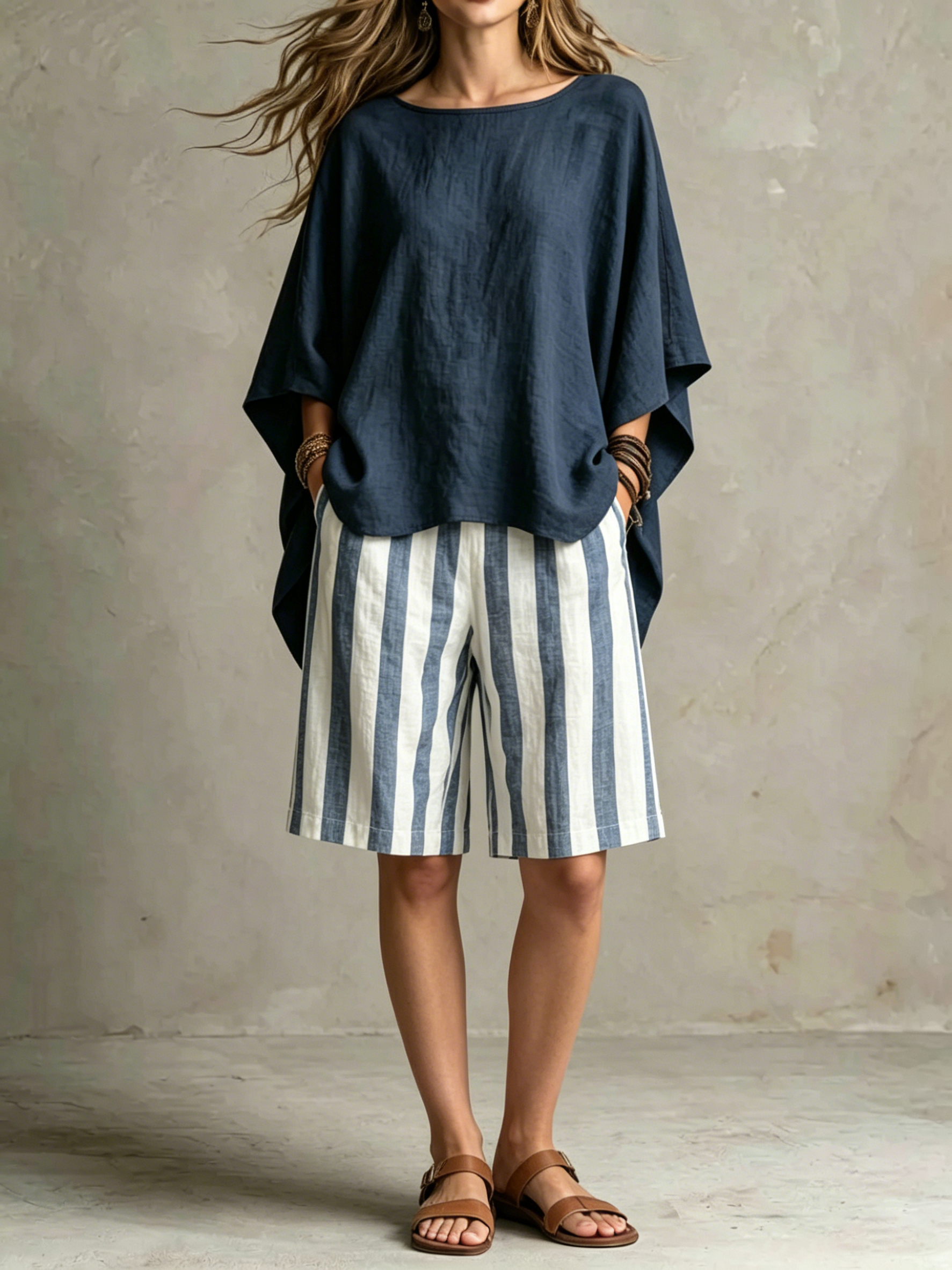 Women Summer Relaxed Coastal Stripe Two-Piece Set