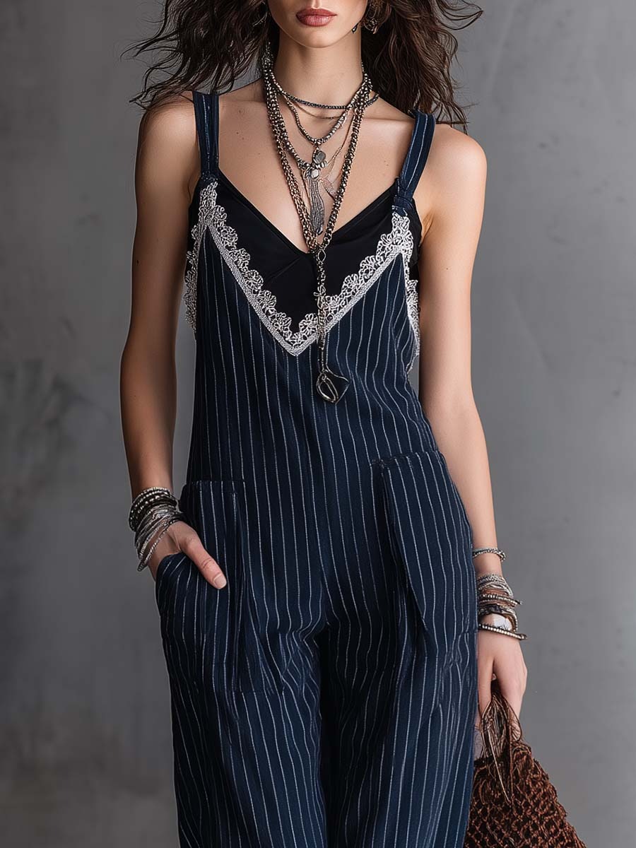 Vintage-style Lace V-neck Dark Blue Pinstriped Overalls Jumpsuit