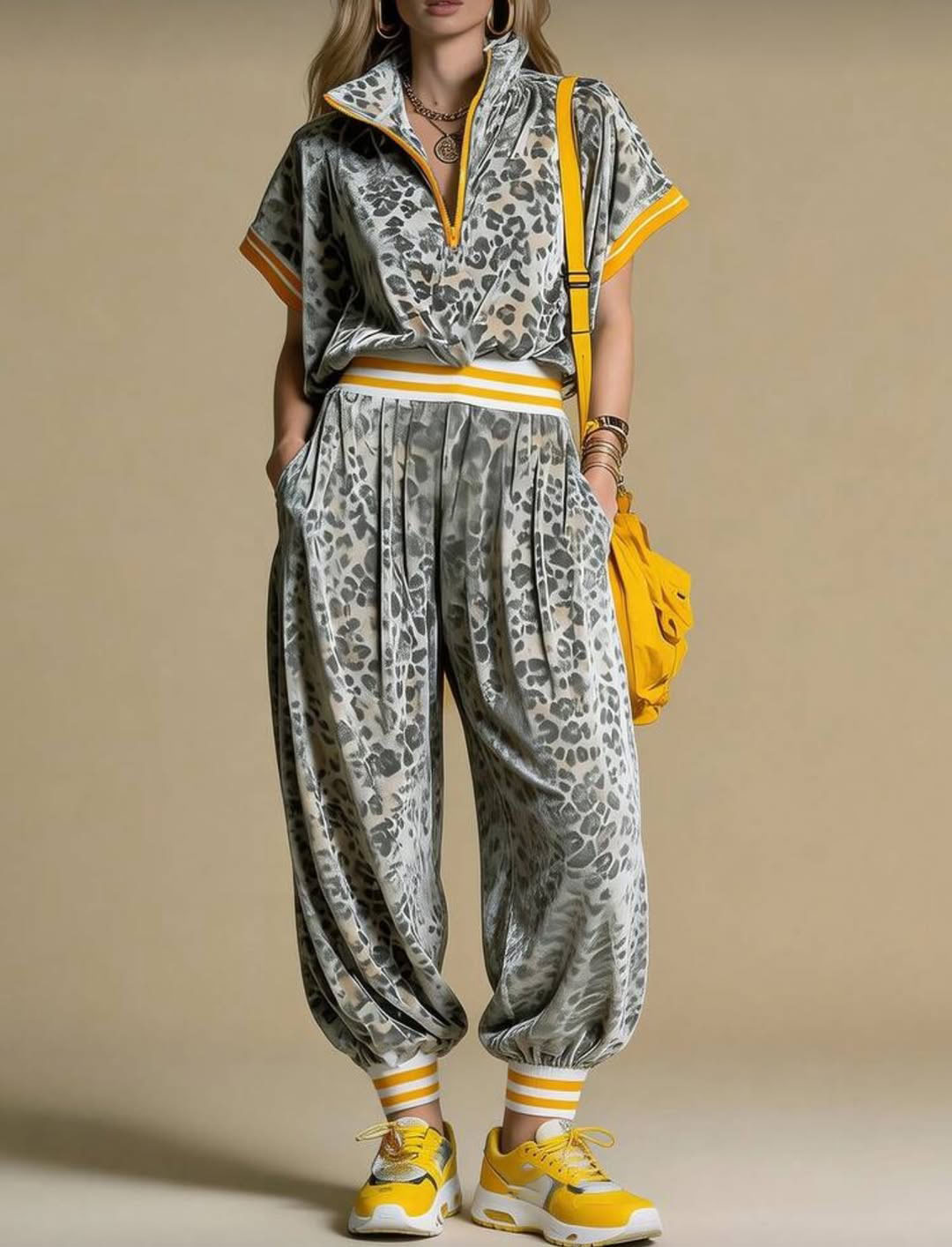 Women Leopard Print Velvet Sporty Two-Piece Set