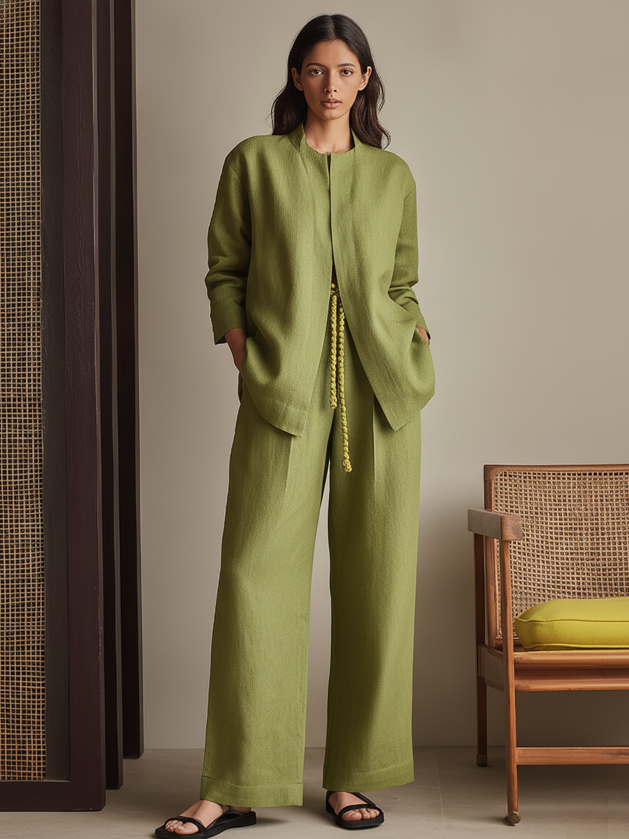 Women's Olive Green Linen-Blend Two-Piece Set With Open Front Stand Collar Jacket & Drawstring Waist Wide Leg Pants, Minimalist Casual Loungewear Outfit (without Belt)