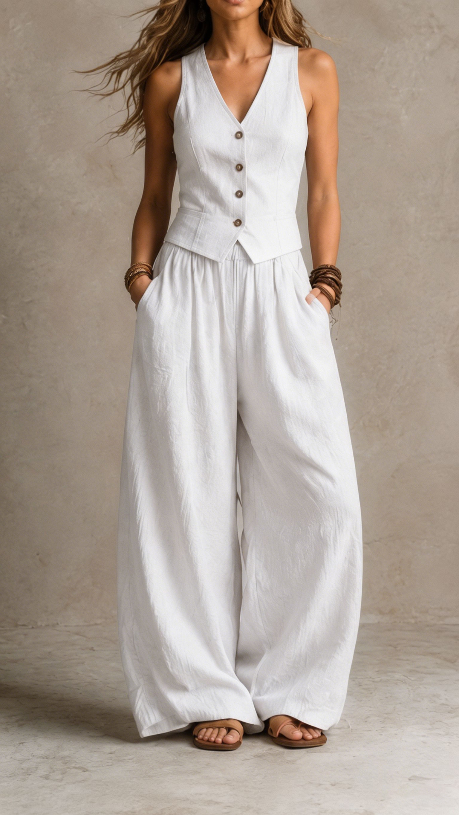 Women Elegant Linen Blend Two-Piece Set